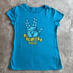 Women's Blue Star Trek Graphic Tee with Vulcan Salute